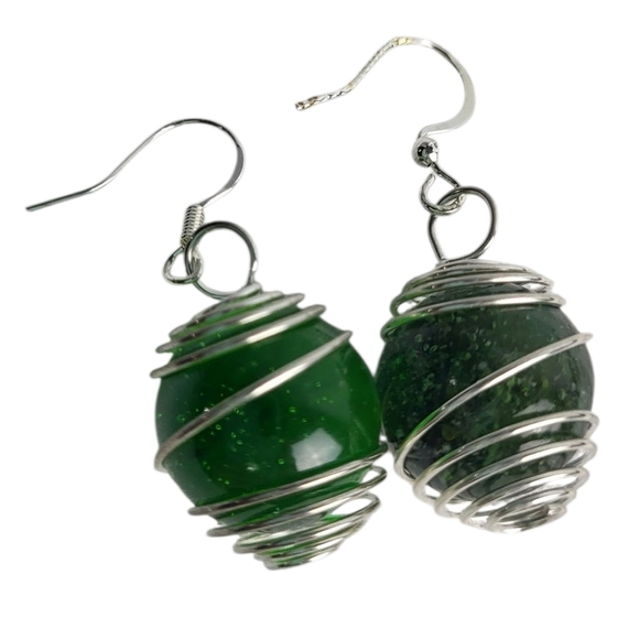 Hand Crafted Glass Marble Spiral Green Cage Earrings - Picture 1 of 4